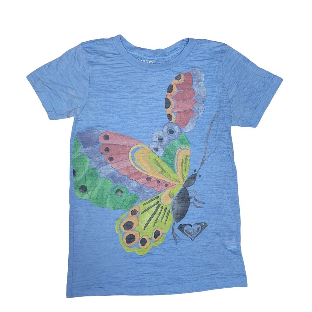 Roxy soft burnout T-Shirt Blue Butterfly Print Short Sleeve size L soft